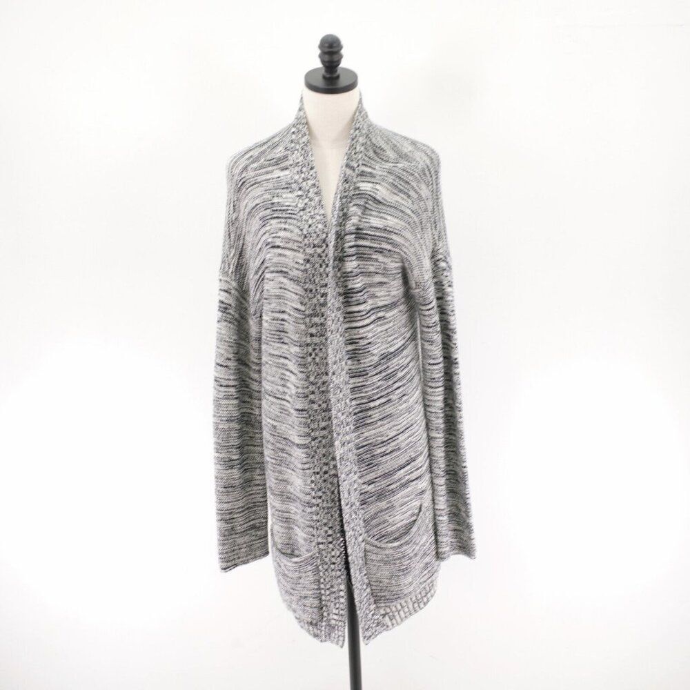 Express White Black Heather Knit Open Cardigan Sweater Large Pockets Acrylic Cot